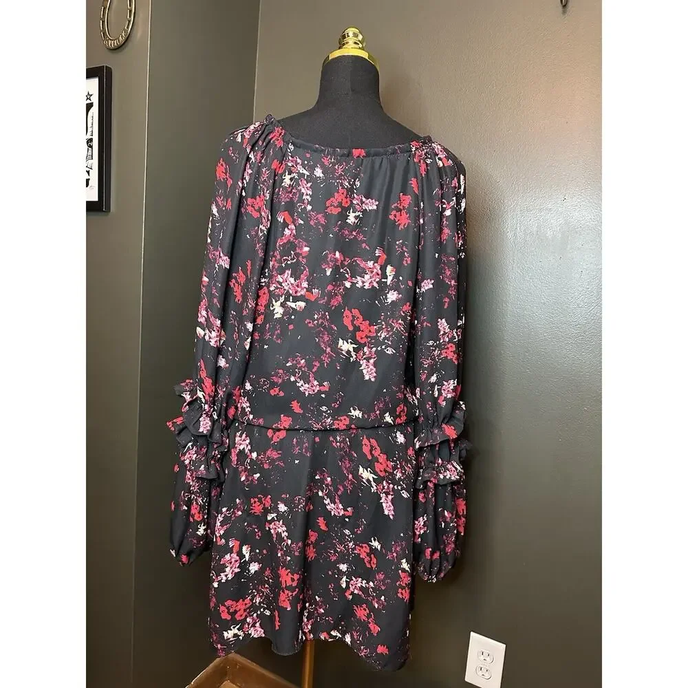 Parker Black Long‎ Sleeve Tiered Ruffle Dress Red White Floral XS Extra Small - Picture 7 of 9